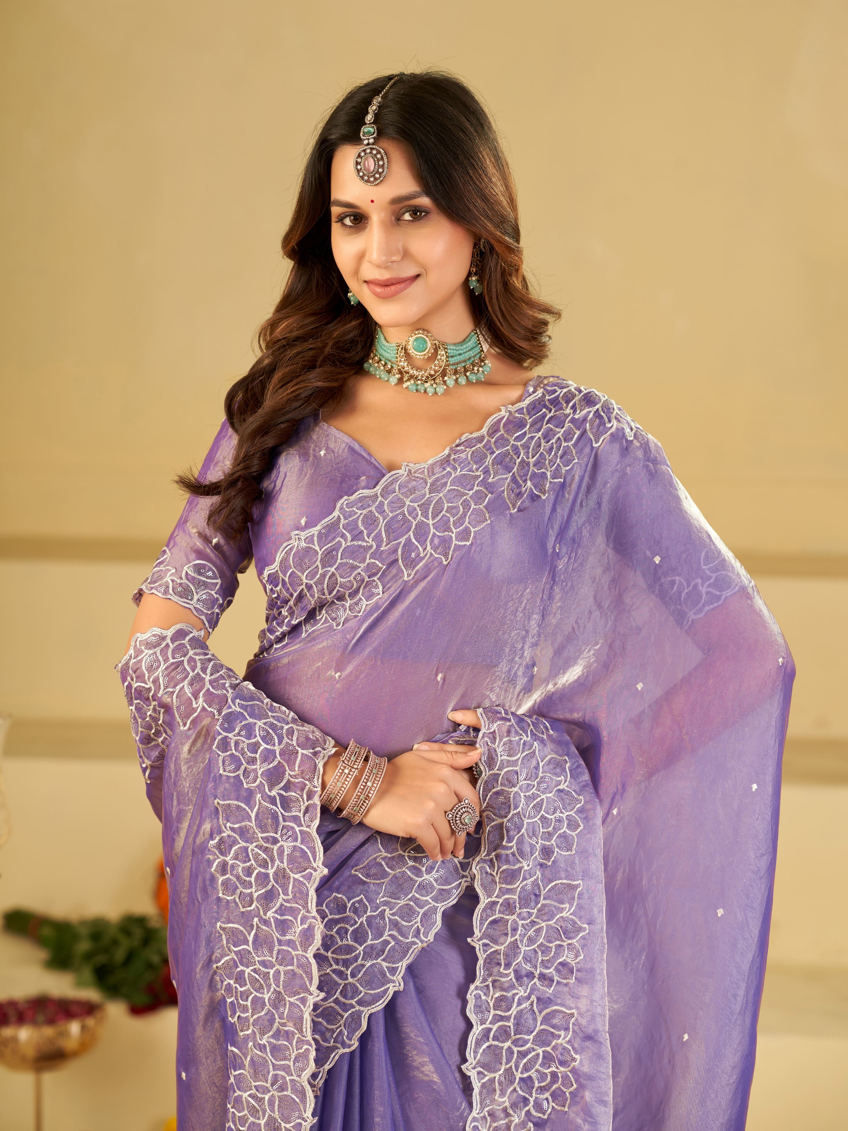 Lavender Fendy Satin Saree with White Floral Embroidery Border | Elegant Designer Party Wear Saree with Blouse