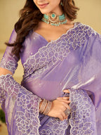 Lavender Fendy Satin Saree with White Floral Embroidery Border | Elegant Designer Party Wear Saree with Blouse