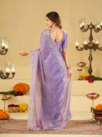 Lavender Fendy Satin Saree with White Floral Embroidery Border | Elegant Designer Party Wear Saree with Blouse