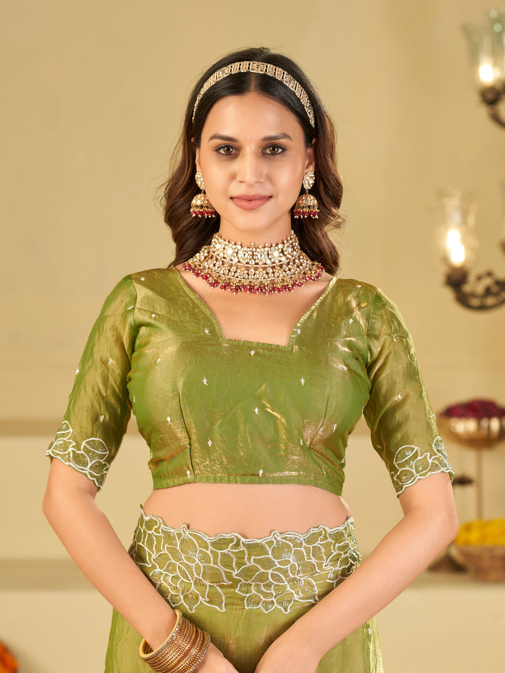 Pista Green Fendy Satin Saree with White Floral Embroidery Border | Elegant Designer Festive Wear Saree with Blouse