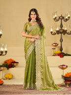 Pista Green Fendy Satin Saree with White Floral Embroidery Border | Elegant Designer Festive Wear Saree with Blouse