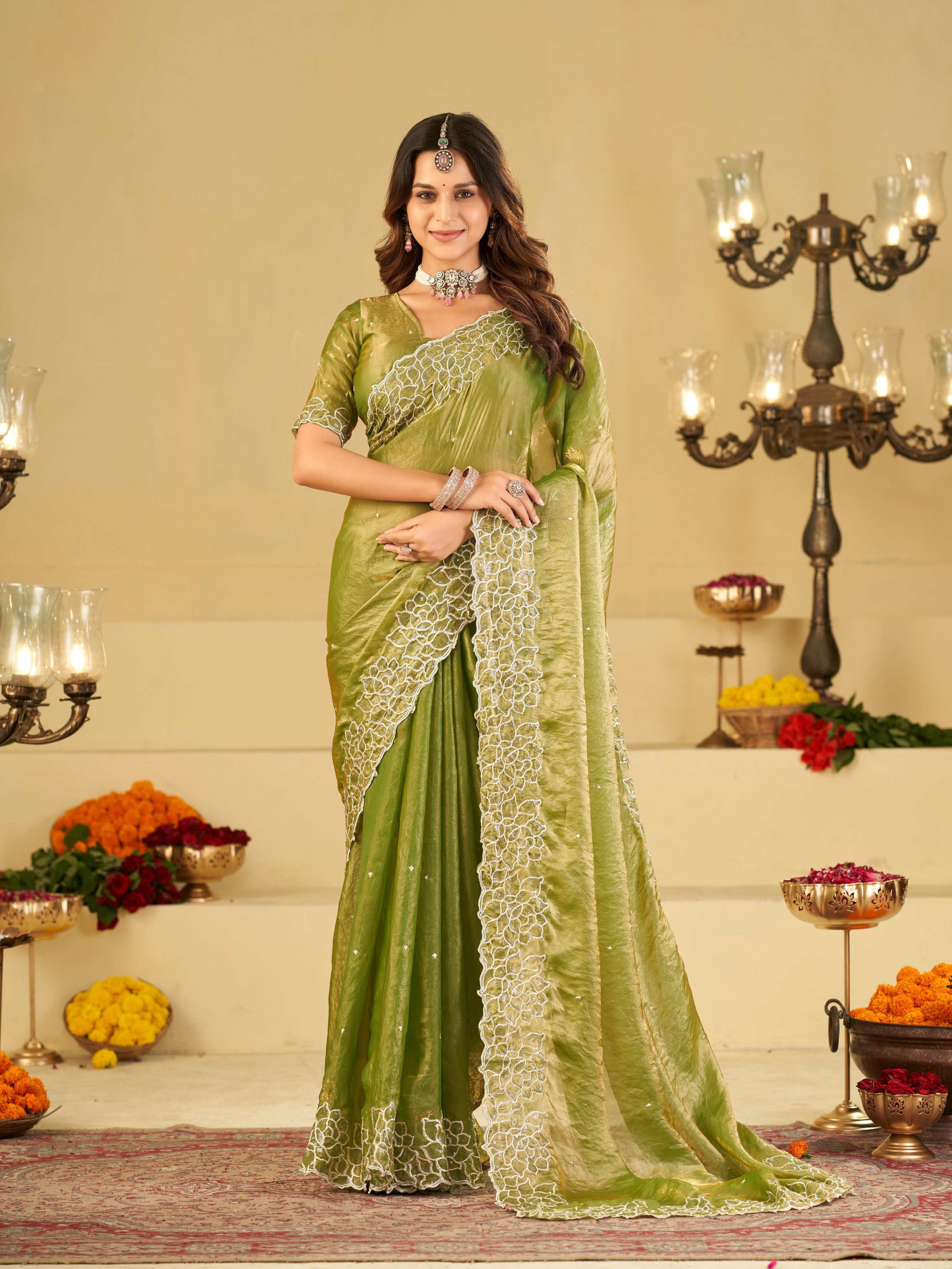 Pista Green Fendy Satin Saree with White Floral Embroidery Border | Elegant Designer Festive Wear Saree with Blouse