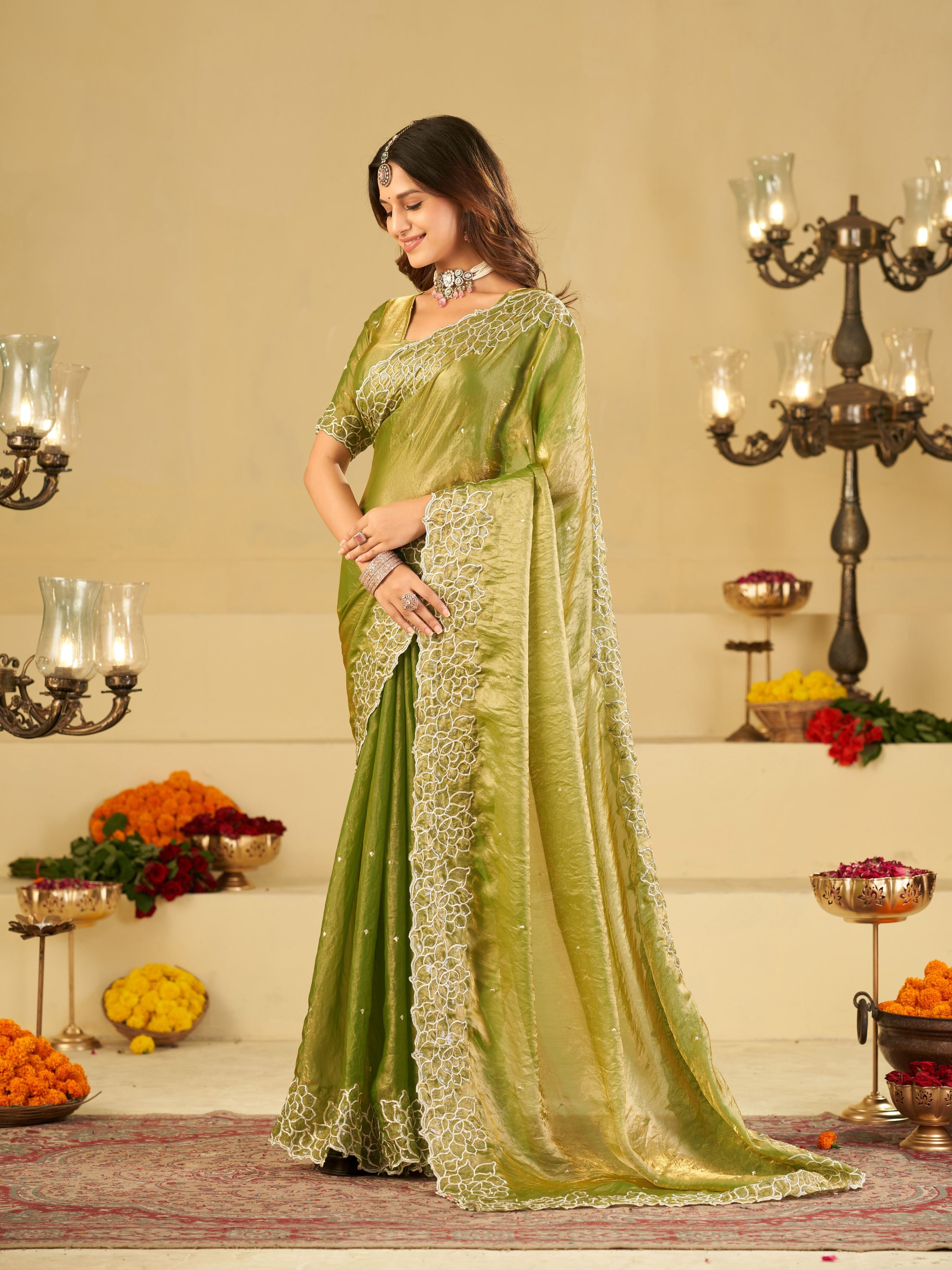 Pista Green Fendy Satin Saree with White Floral Embroidery Border | Elegant Designer Festive Wear Saree with Blouse