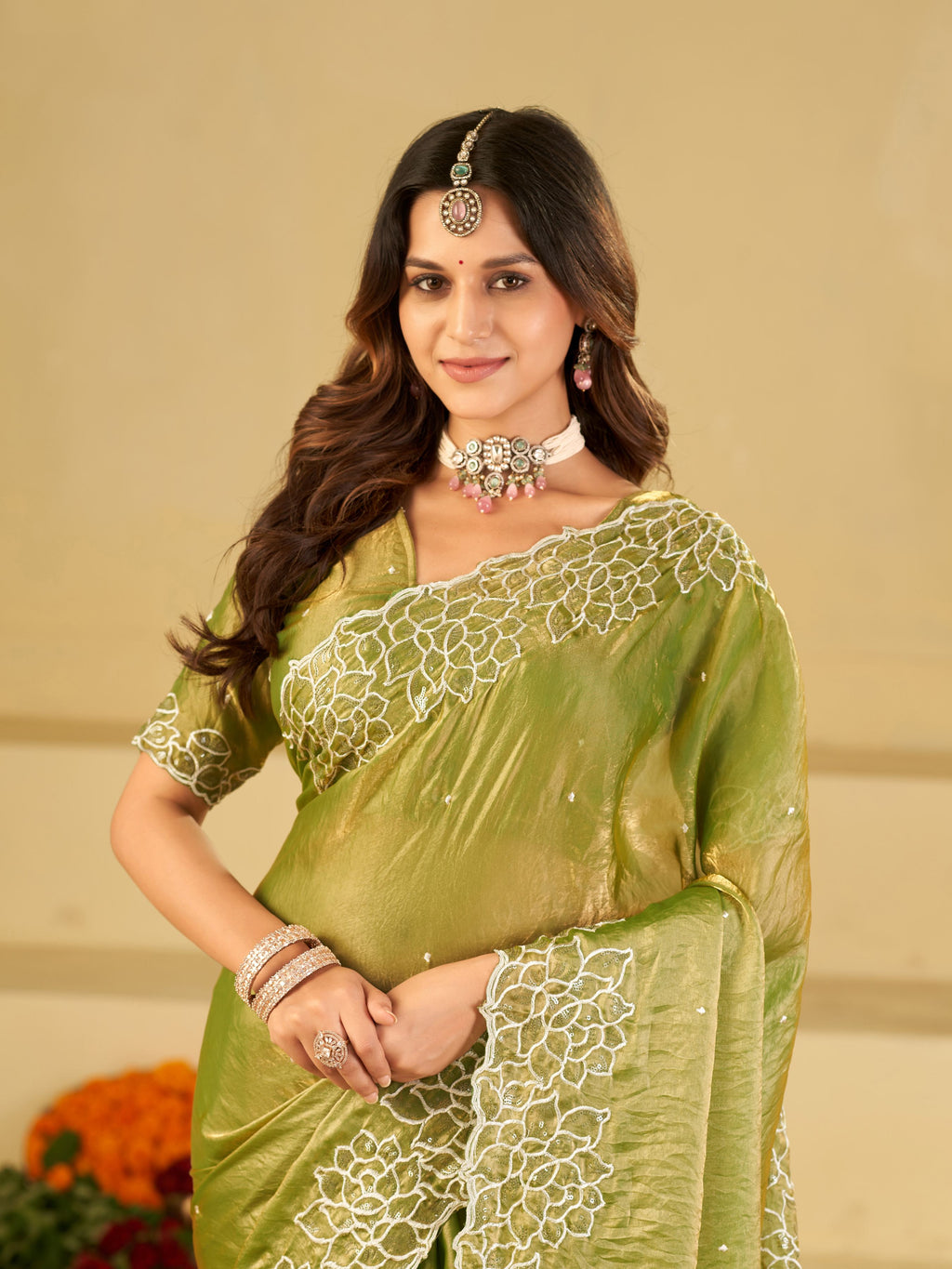 Pista Green Fendy Satin Saree with White Floral Embroidery Border | Elegant Designer Festive Wear Saree with Blouse