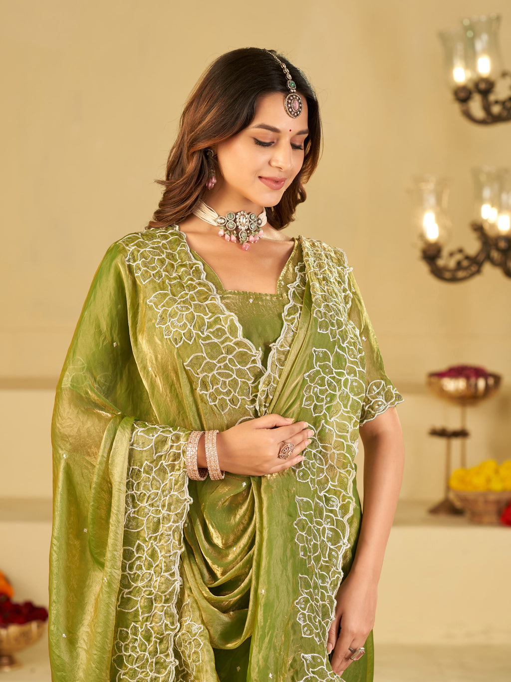 Pista Green Fendy Satin Saree with White Floral Embroidery Border | Elegant Designer Festive Wear Saree with Blouse