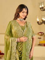 Pista Green Fendy Satin Saree with White Floral Embroidery Border | Elegant Designer Festive Wear Saree with Blouse