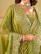 Pista Green Fendy Satin Saree with White Floral Embroidery Border | Elegant Designer Festive Wear Saree with Blouse