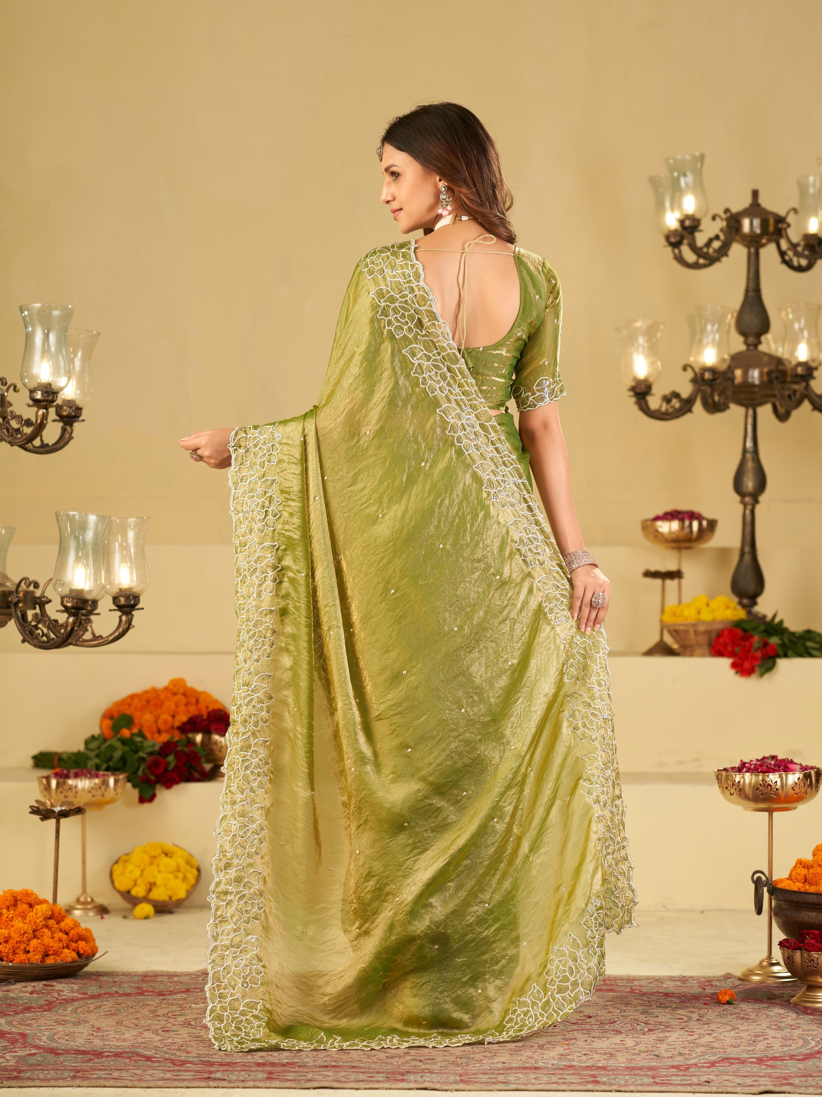 Pista Green Fendy Satin Saree with White Floral Embroidery Border | Elegant Designer Festive Wear Saree with Blouse