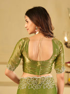 Pista Green Fendy Satin Saree with White Floral Embroidery Border | Elegant Designer Festive Wear Saree with Blouse