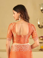Peach Orange Fendy Satin Saree with White Floral Embroidery Border | Elegant Designer Festive Wear Saree with Blouse