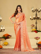 Peach Orange Fendy Satin Saree with White Floral Embroidery Border | Elegant Designer Festive Wear Saree with Blouse