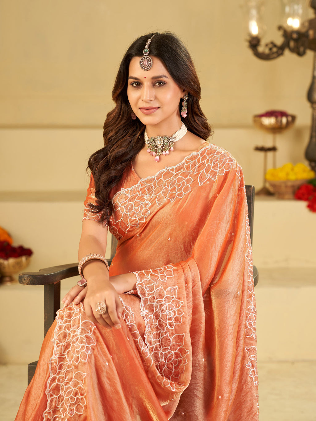 Peach Orange Fendy Satin Saree with White Floral Embroidery Border | Elegant Designer Festive Wear Saree with Blouse