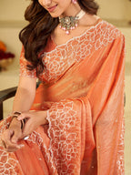 Peach Orange Fendy Satin Saree with White Floral Embroidery Border | Elegant Designer Festive Wear Saree with Blouse