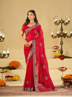Rani Pink Designer Fendy Satin Saree with Heavy Embroidered Border | Festive Party Wear Saree with Floral Embroidery & Matching Blouse