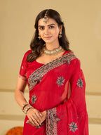 Rani Pink Designer Fendy Satin Saree with Heavy Embroidered Border | Festive Party Wear Saree with Floral Embroidery & Matching Blouse