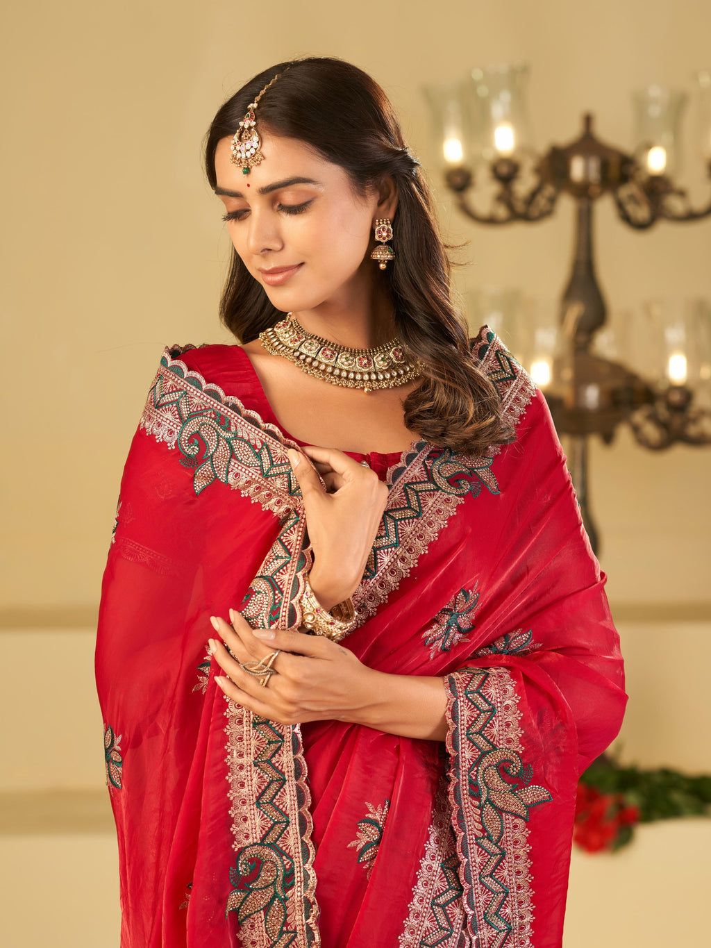 Rani Pink Designer Fendy Satin Saree with Heavy Embroidered Border | Festive Party Wear Saree with Floral Embroidery & Matching Blouse
