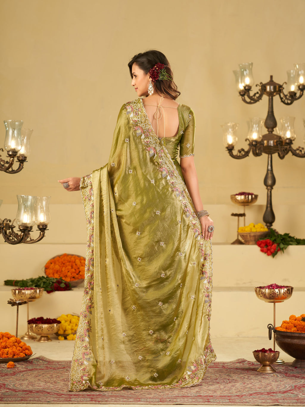 Olive Green Fendy Satin Saree with Multicolor Floral Embroidery Border | Designer Festive Party Wear Saree with Blouse