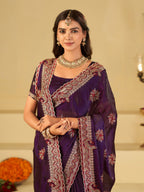 Royal Purple Designer Fendy Satin Saree with Floral Embroidery Work | Premium Wedding Party Wear Saree with Heavy Embroidered Border & Blouse