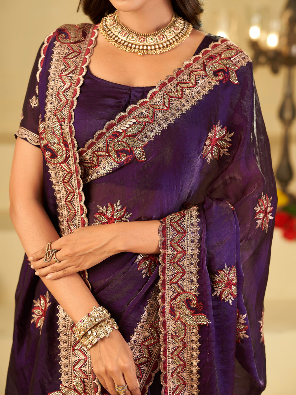 Royal Purple Designer Fendy Satin Saree with Floral Embroidery Work | Premium Wedding Party Wear Saree with Heavy Embroidered Border & Blouse