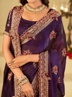 Royal Purple Designer Fendy Satin Saree with Floral Embroidery Work | Premium Wedding Party Wear Saree with Heavy Embroidered Border & Blouse