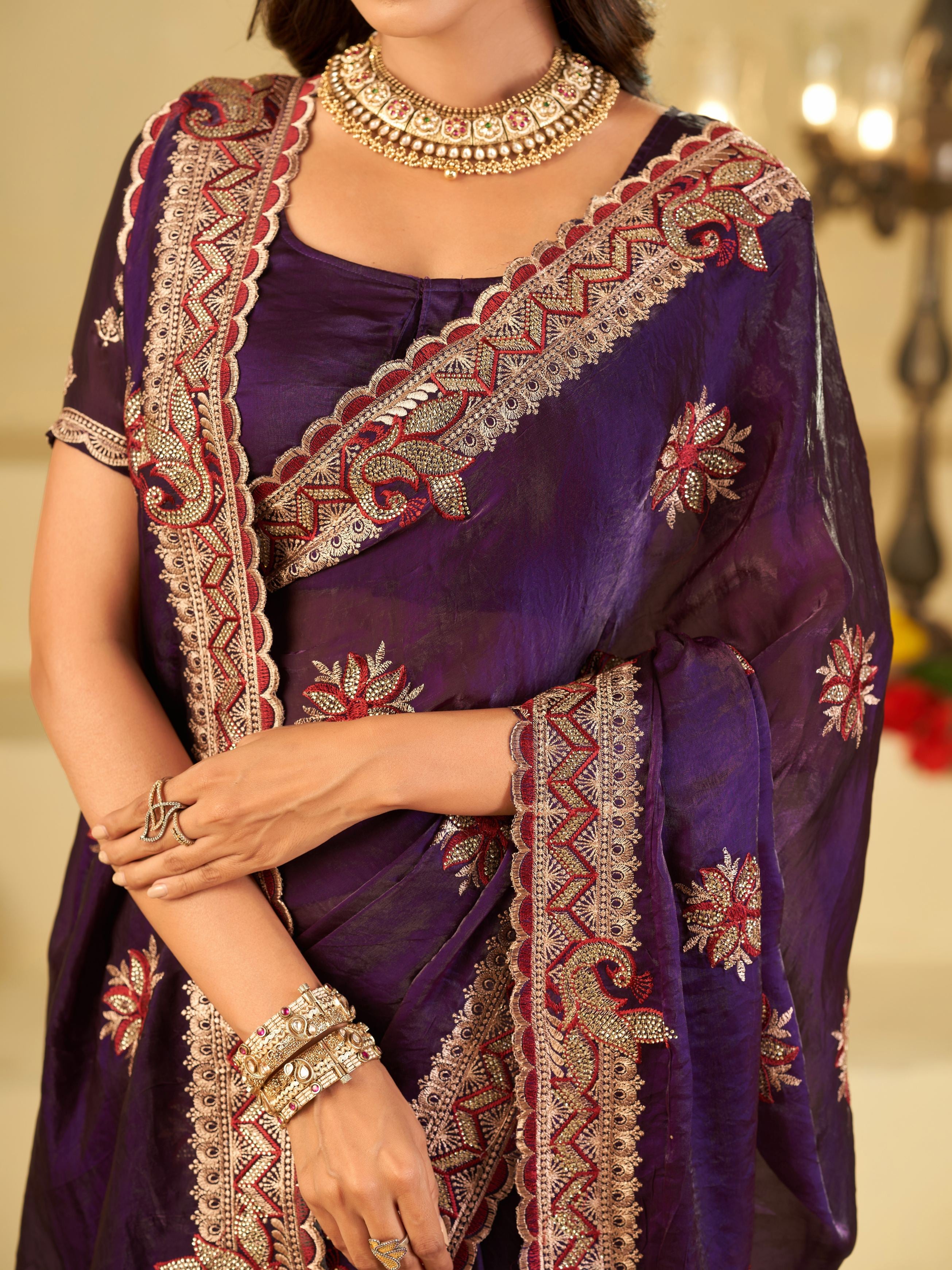 Royal Purple Designer Fendy Satin Saree with Floral Embroidery Work | Premium Wedding Party Wear Saree with Heavy Embroidered Border & Blouse