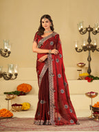 Ruby Red Designer Fendy Satin Saree with Floral Embroidery Work | Premium Wedding Party Wear Saree with Heavy Embroidered Border & Blouse