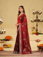 Ruby Red Designer Fendy Satin Saree with Floral Embroidery Work | Premium Wedding Party Wear Saree with Heavy Embroidered Border & Blouse