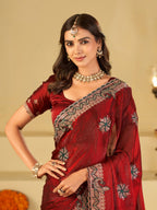 Ruby Red Designer Fendy Satin Saree with Floral Embroidery Work | Premium Wedding Party Wear Saree with Heavy Embroidered Border & Blouse