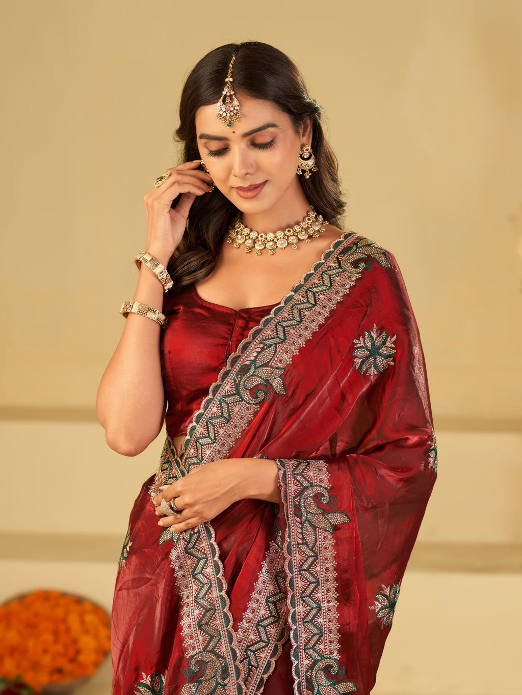 Ruby Red Designer Fendy Satin Saree with Floral Embroidery Work | Premium Wedding Party Wear Saree with Heavy Embroidered Border & Blouse