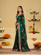 Emerald Green Designer Fendy Satin Saree with Heavy Floral Embroidery Work | Premium Wedding Party Wear Saree with Embroidered Border & Blouse