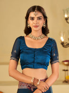 Royal Blue Designer Fendy Satin Saree with Floral Embroidery Work | Premium Party Wear Saree with Heavy Embroidered Border & Blouse