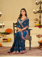 Royal Blue Designer Fendy Satin Saree with Floral Embroidery Work | Premium Party Wear Saree with Heavy Embroidered Border & Blouse