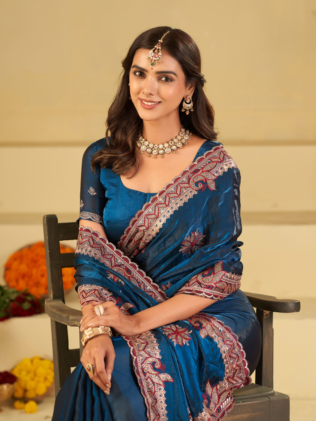 Royal Blue Designer Fendy Satin Saree with Floral Embroidery Work | Premium Party Wear Saree with Heavy Embroidered Border & Blouse