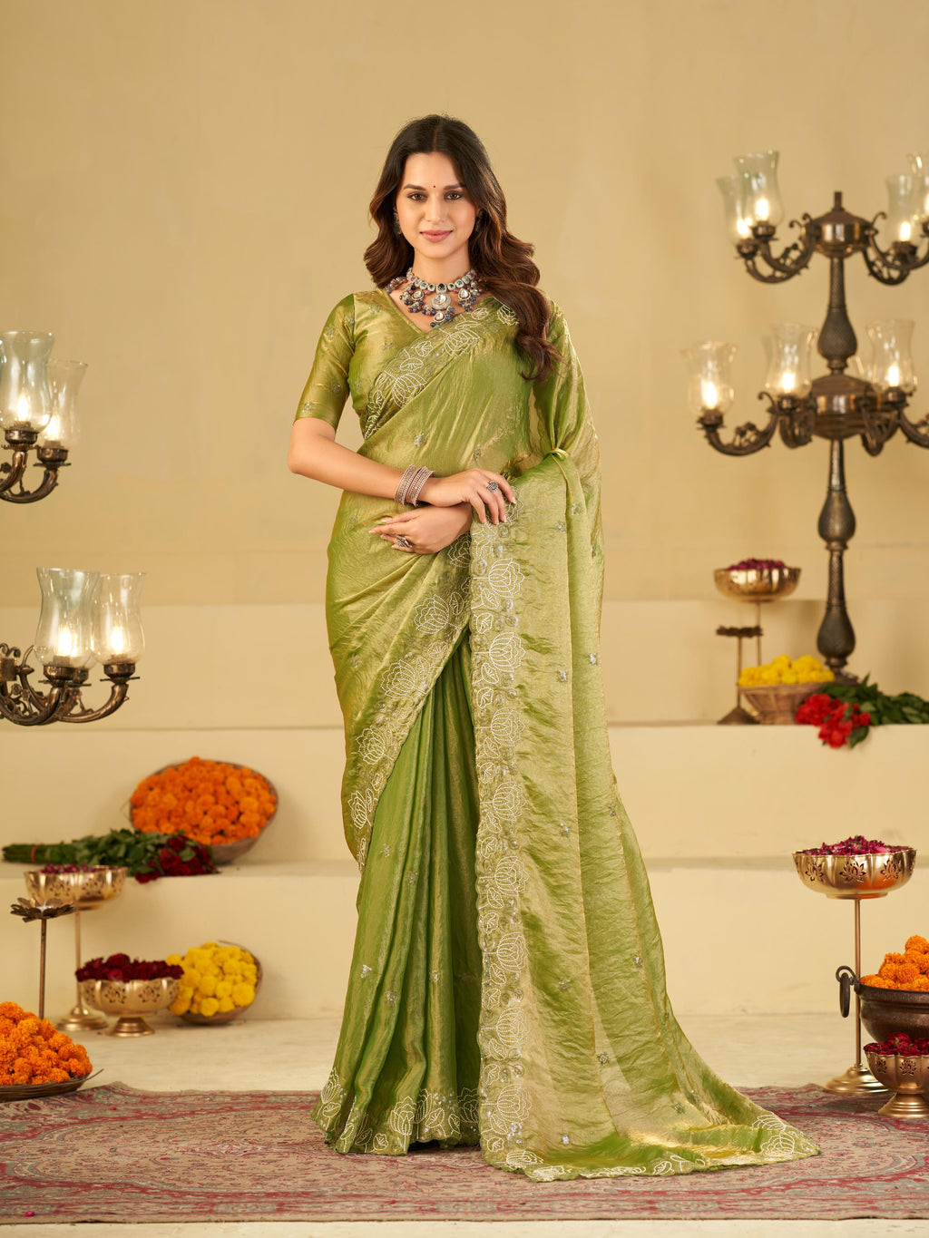 Pista Green Fendy Satin Saree with White Floral Embroidery Border | Elegant Designer Party Wear Saree with Blouse