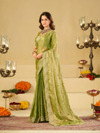 Pista Green Fendy Satin Saree with White Floral Embroidery Border | Elegant Designer Party Wear Saree with Blouse