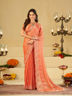 Peach Orange Fendy Satin Saree with White Floral Embroidery Border | Elegant Designer Party Wear Saree with Blouse