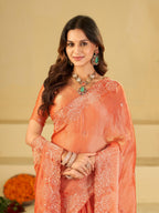 Peach Orange Fendy Satin Saree with White Floral Embroidery Border | Elegant Designer Party Wear Saree with Blouse
