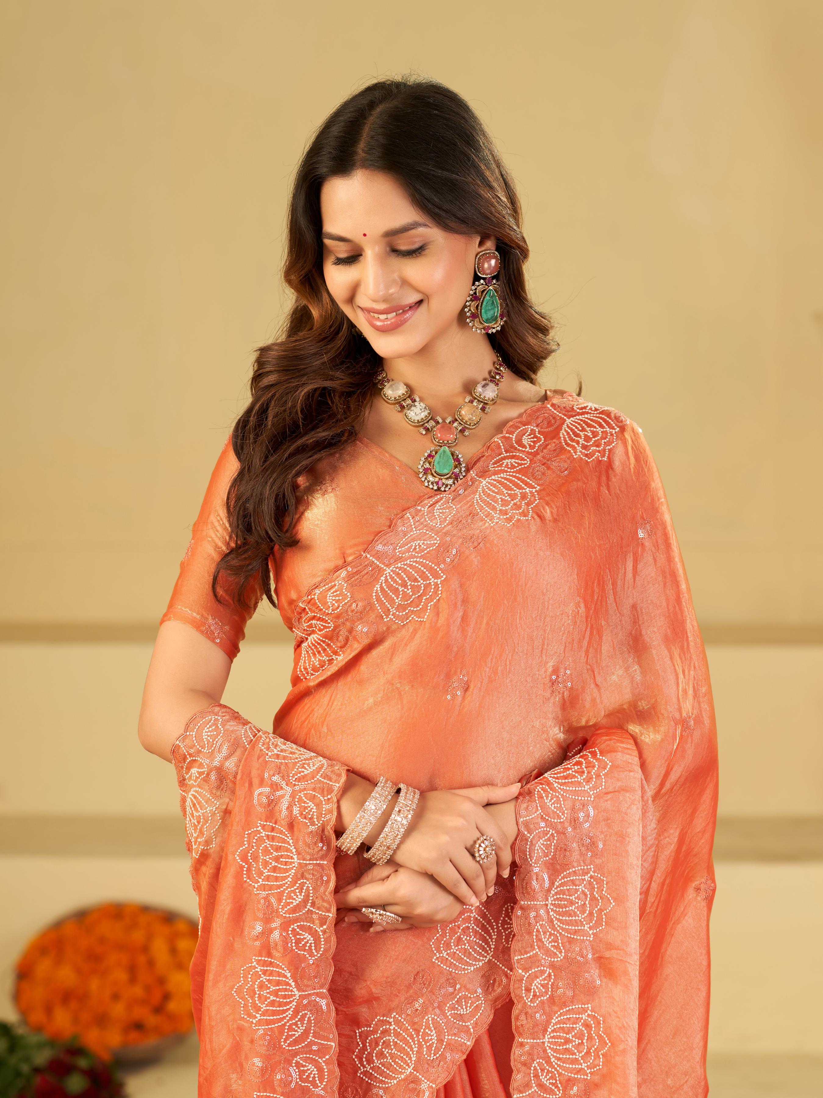 Peach Orange Fendy Satin Saree with White Floral Embroidery Border | Elegant Designer Party Wear Saree with Blouse