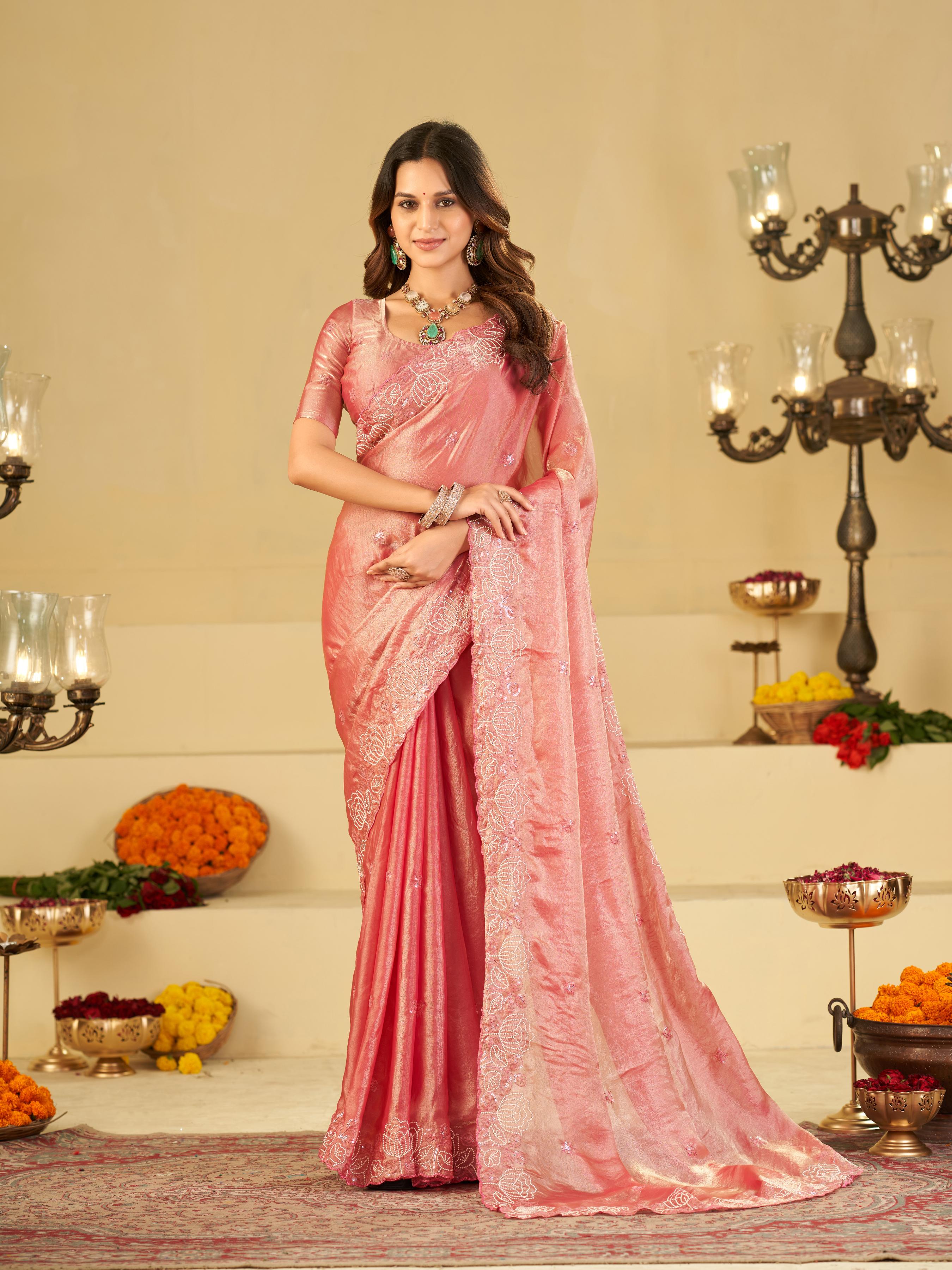 Baby Pink Fendy Satin Saree with White Floral Embroidery Border | Elegant Designer Party Wear Saree with Blouse
