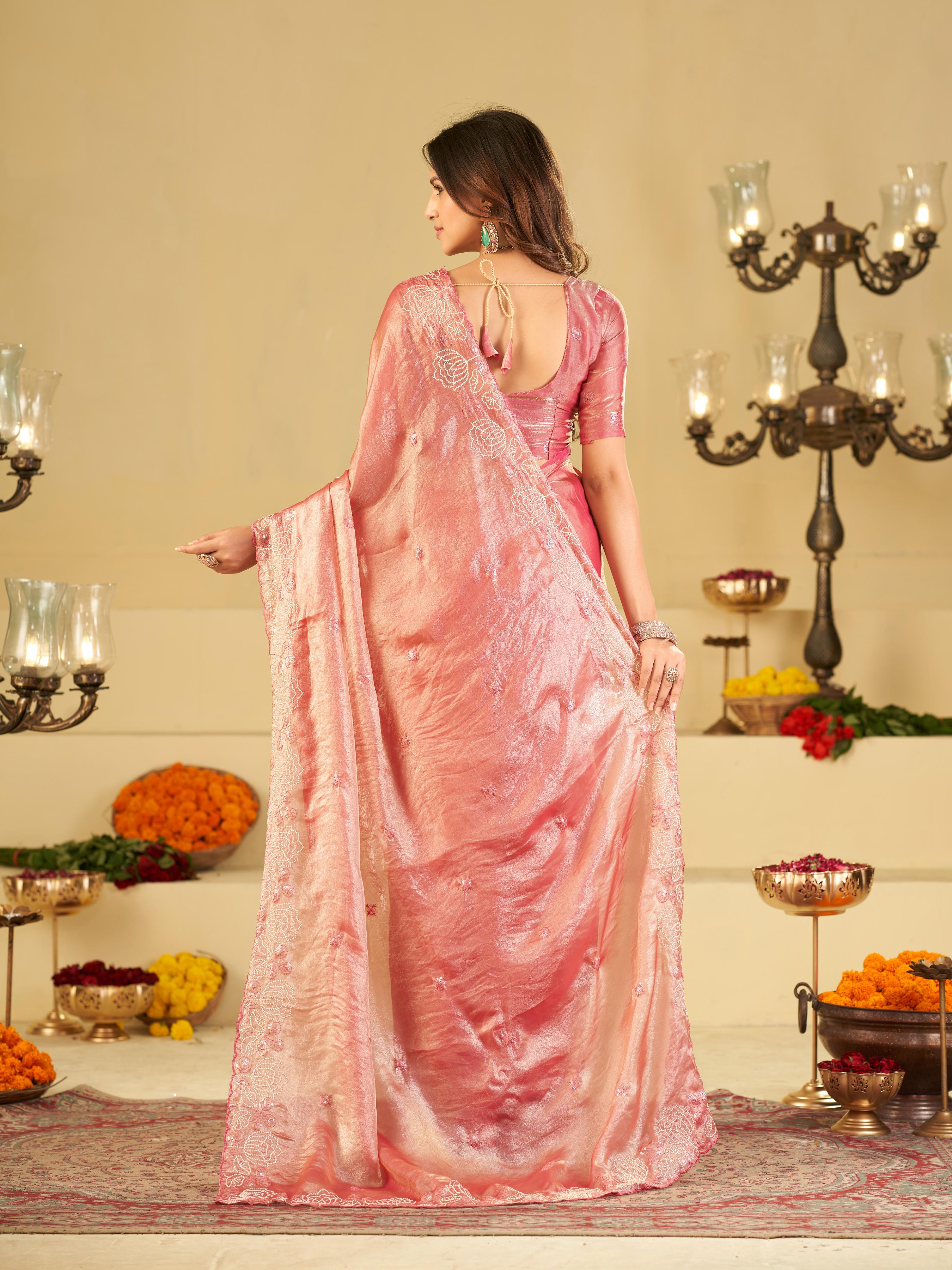 Baby Pink Fendy Satin Saree with White Floral Embroidery Border | Elegant Designer Party Wear Saree with Blouse