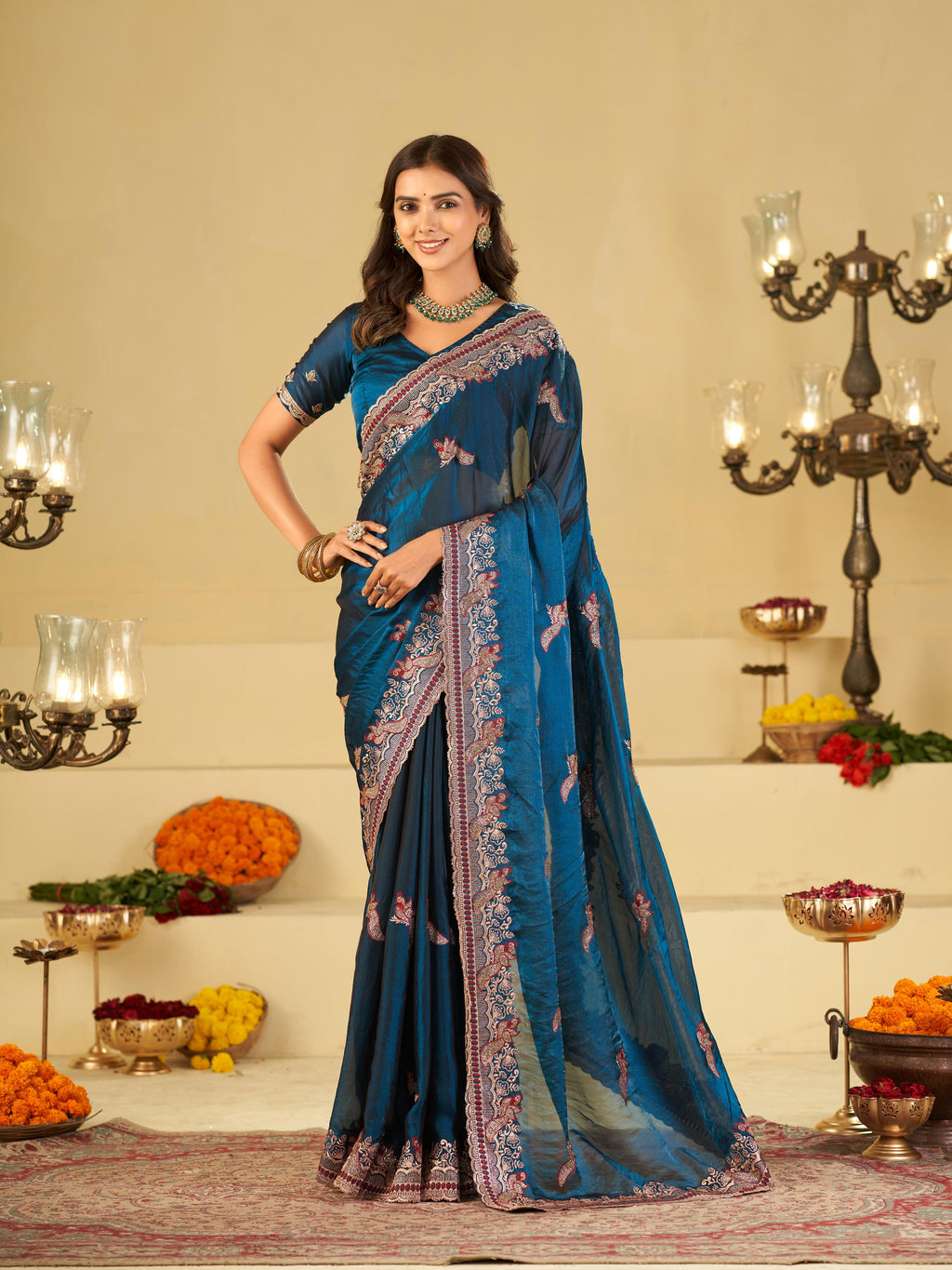Royal Blue Designer Fendy Satin Saree with Heavy Embroidered Border | Premium Festive Party Wear Saree with Intricate Embroidery & Matching Blouse