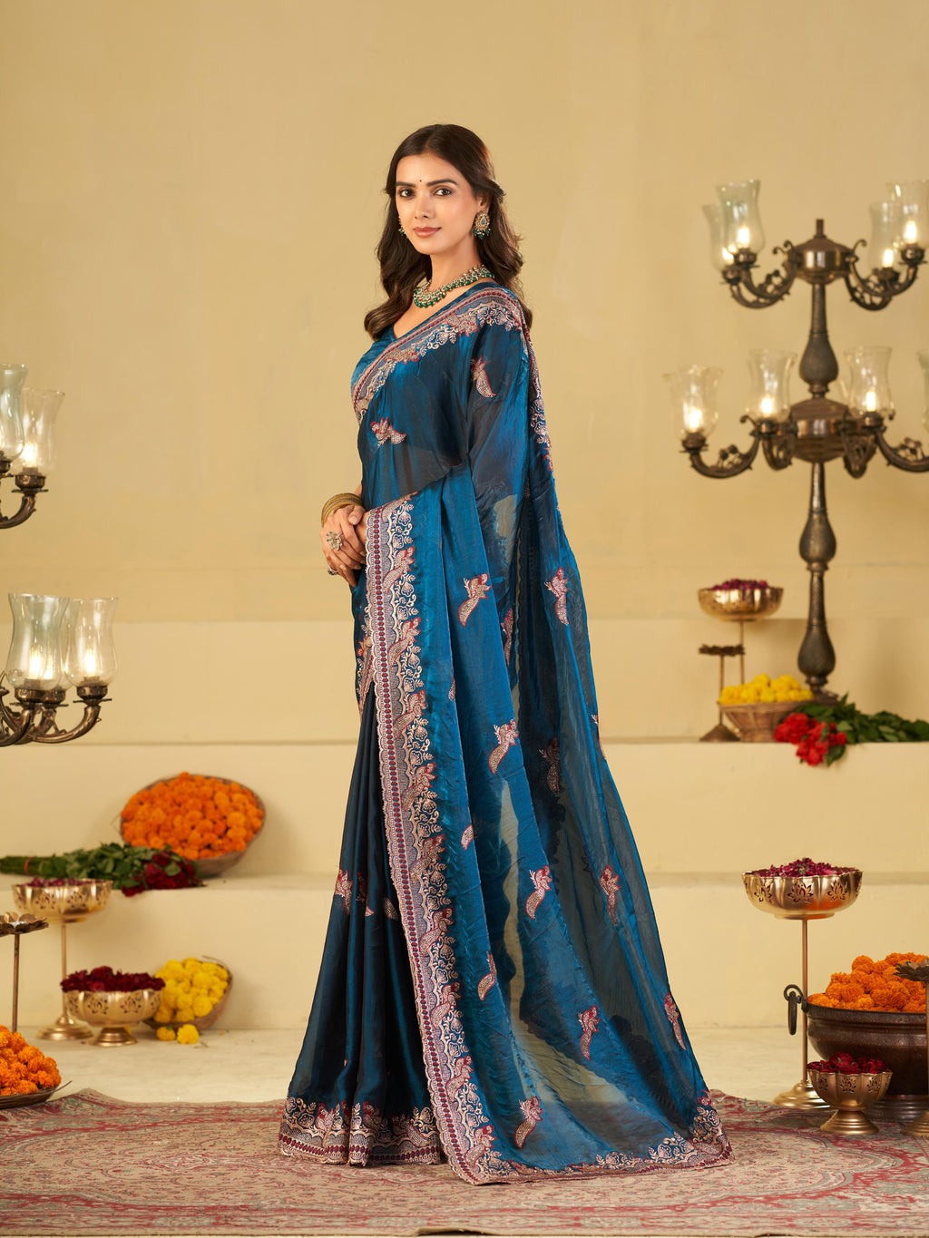 Royal Blue Designer Fendy Satin Saree with Heavy Embroidered Border | Premium Festive Party Wear Saree with Intricate Embroidery & Matching Blouse