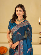 Royal Blue Designer Fendy Satin Saree with Heavy Embroidered Border | Premium Festive Party Wear Saree with Intricate Embroidery & Matching Blouse