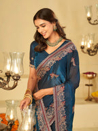 Royal Blue Designer Fendy Satin Saree with Heavy Embroidered Border | Premium Festive Party Wear Saree with Intricate Embroidery & Matching Blouse