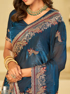 Royal Blue Designer Fendy Satin Saree with Heavy Embroidered Border | Premium Festive Party Wear Saree with Intricate Embroidery & Matching Blouse