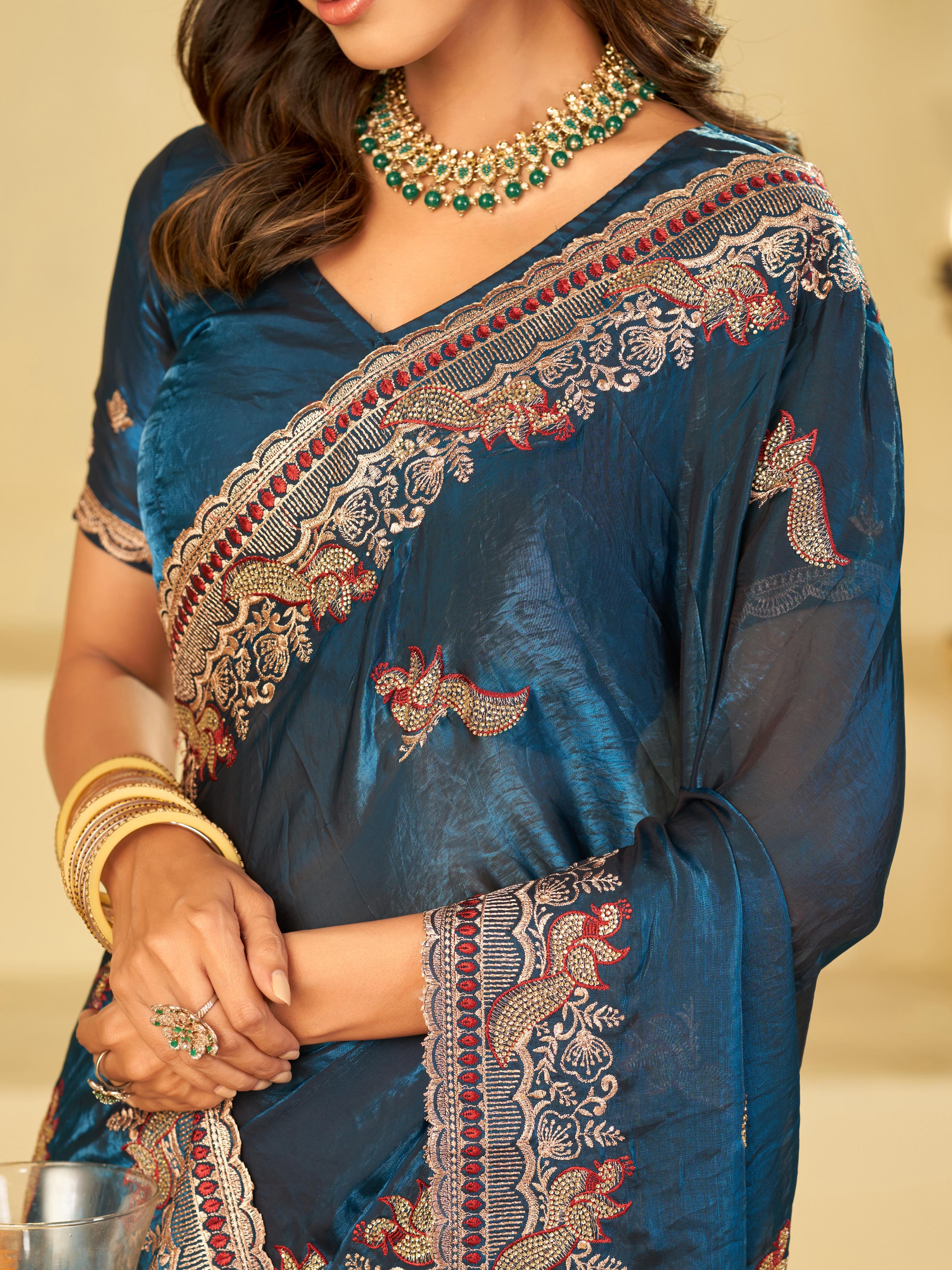Royal Blue Designer Fendy Satin Saree with Heavy Embroidered Border | Premium Festive Party Wear Saree with Intricate Embroidery & Matching Blouse