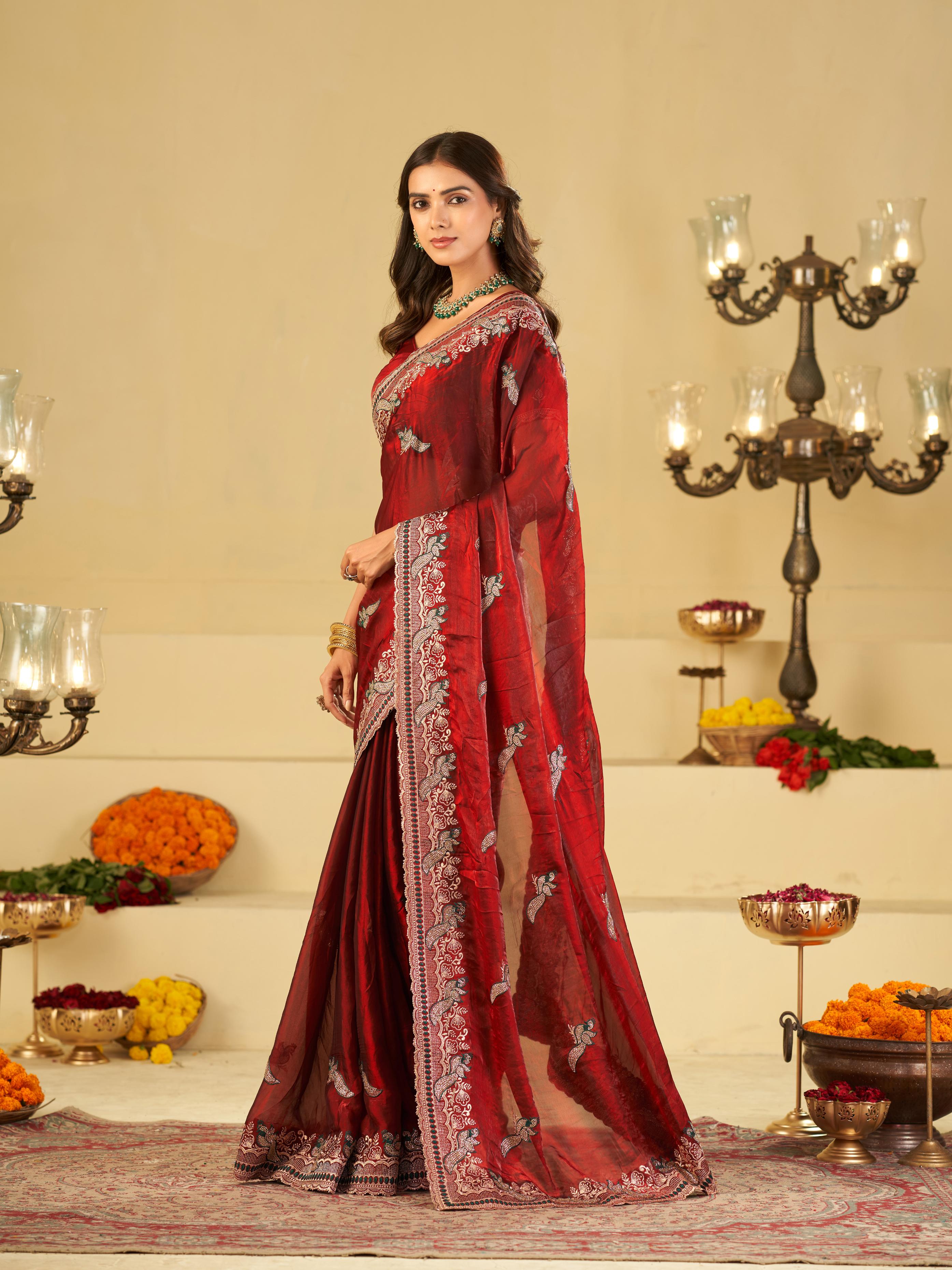 Maroon Designer Fendy Satin Saree with Heavy Embroidered Border | Premium Wedding Party Wear Saree with Intricate Embroidery & Matching Blouse
