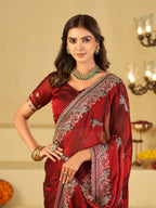 Maroon Designer Fendy Satin Saree with Heavy Embroidered Border | Premium Wedding Party Wear Saree with Intricate Embroidery & Matching Blouse