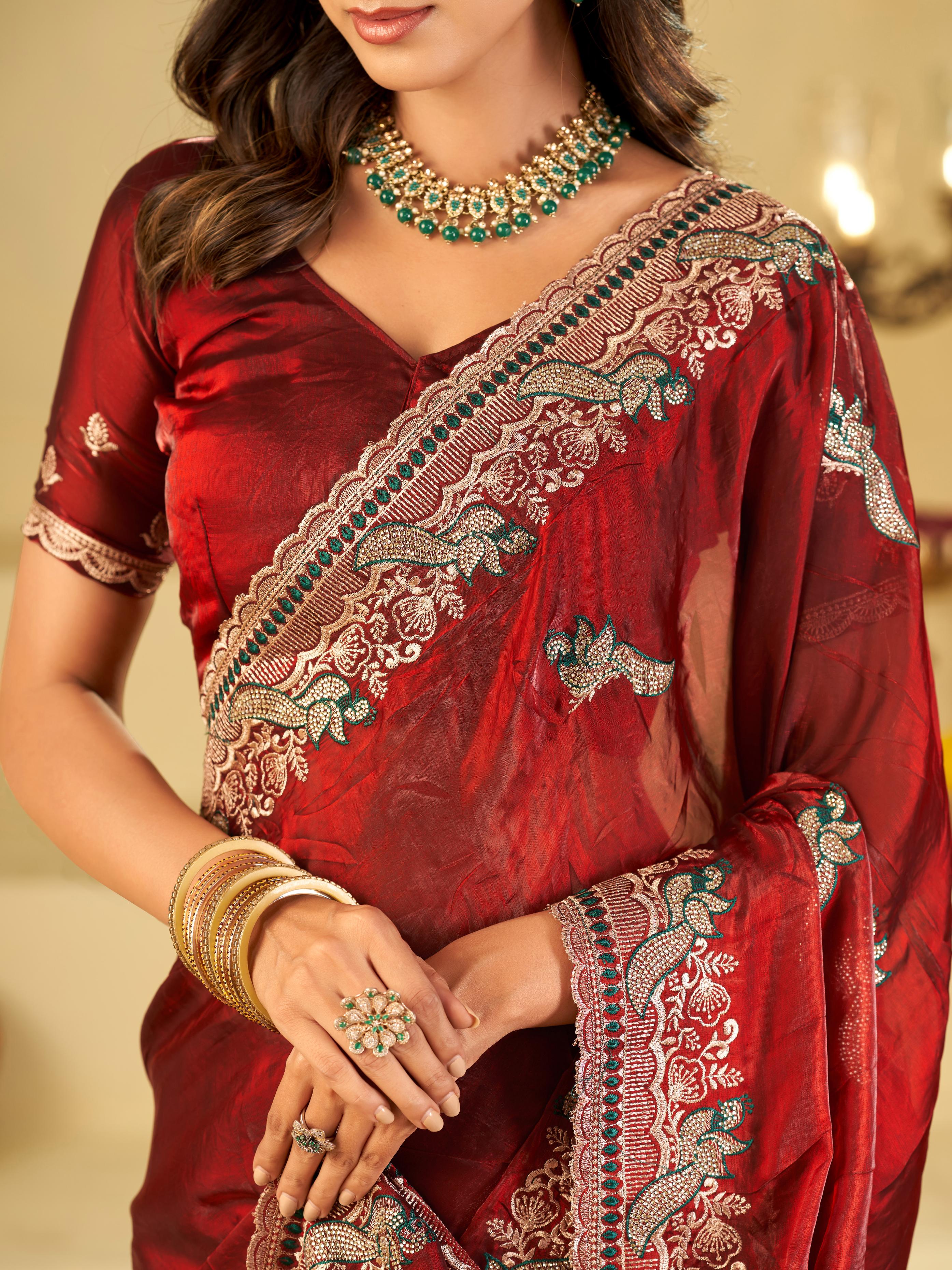 Maroon Designer Fendy Satin Saree with Heavy Embroidered Border | Premium Wedding Party Wear Saree with Intricate Embroidery & Matching Blouse