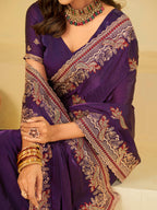 Royal Purple Designer Fendy Satin Saree with Heavy Embroidered Border | Premium Festive Party Wear Saree with Intricate Embroidery & Matching Blouse